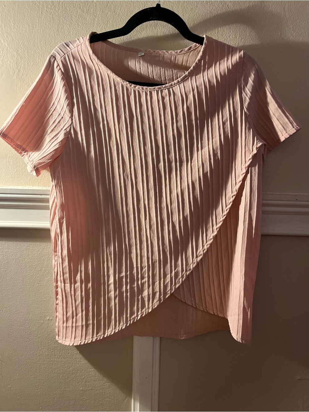 Women’s Pink Short-Sleeve Pleated Wrap-Front Top